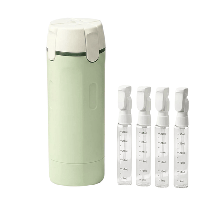 Tavelfill 4-in-1 Travel Dispenser Bottle for Toiletries - Refillable, Leak Proof, Portable Containers for Shampoo Lotion Conditioner Cream - Transparent with Scale and Label - for Business Trips Gym