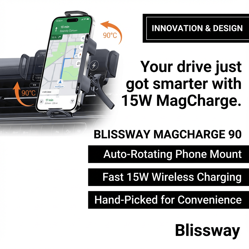 BlissWay MagCharge 90| 15W Wireless Car Charger | Auto-Rotating Phone Mount
