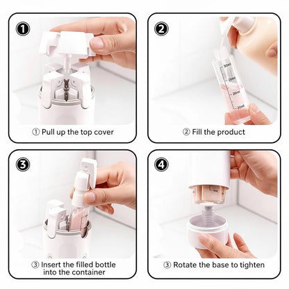 Tavelfill 4-in-1 Travel Dispenser Bottle for Toiletries - Refillable, Leak Proof, Portable Containers for Shampoo Lotion Conditioner Cream - Transparent with Scale and Label - for Business Trips Gym