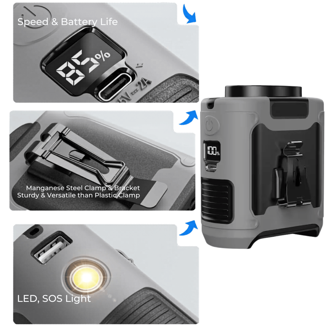 FrostClip Turbo — 3-in-1 Waist Fan, 10,000mAh Powerbank & LED Torch