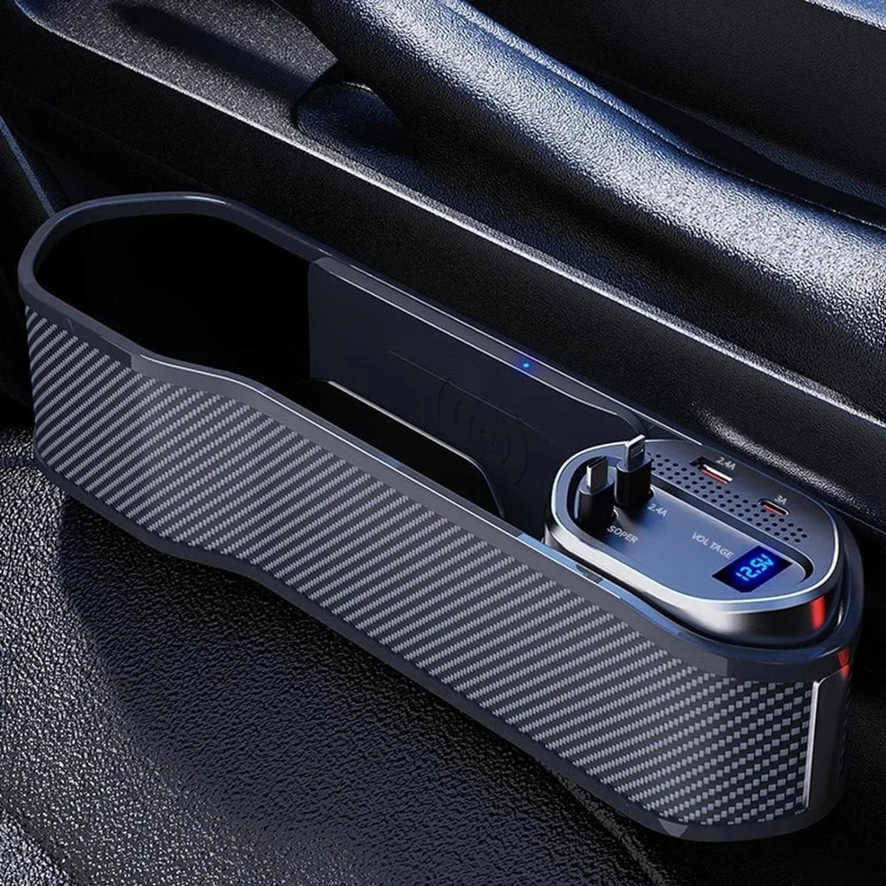 Seat Gap Organizer, Multifunctional Seat Gap Storage Box with USB Car Charger, Car Seat Pockets with Led Light, Car Seat Gap Filler with Cup Holder