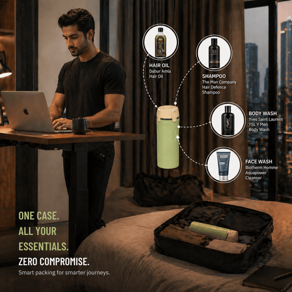 Whether it’s Mumbai to Delhi or Bangalore to Chennai — travel light, stay sharp. 🚄💼 One bottle for all your essentials.