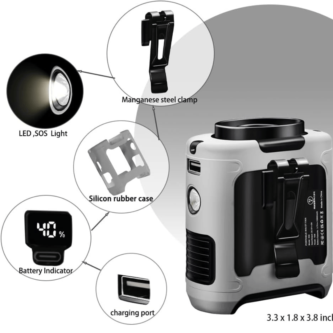 FrostClip Turbo — 3-in-1 Waist Fan, 10,000mAh Powerbank & LED Torch