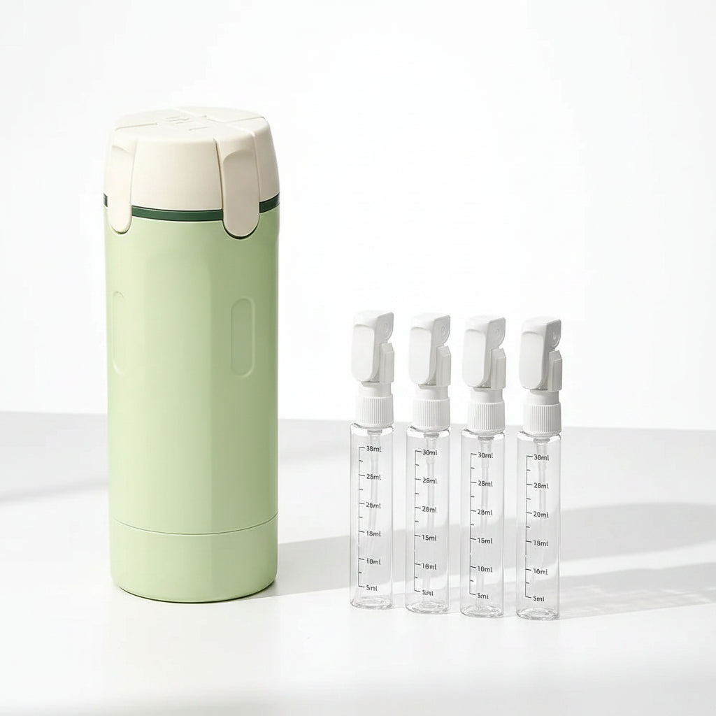 Tavelfill 4-in-1 Travel Dispenser Bottle for Toiletries - Refillable, Leak Proof, Portable Containers for Shampoo Lotion Conditioner Cream - Transparent with Scale and Label - for Business Trips Gym