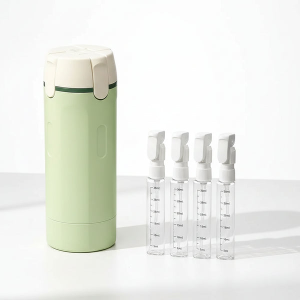 Tavelfill 4-in-1 Travel Dispenser Bottle for Toiletries - Refillable, Leak Proof, Portable Containers for Shampoo Lotion Conditioner Cream - Transparent with Scale and Label - for Business Trips Gym