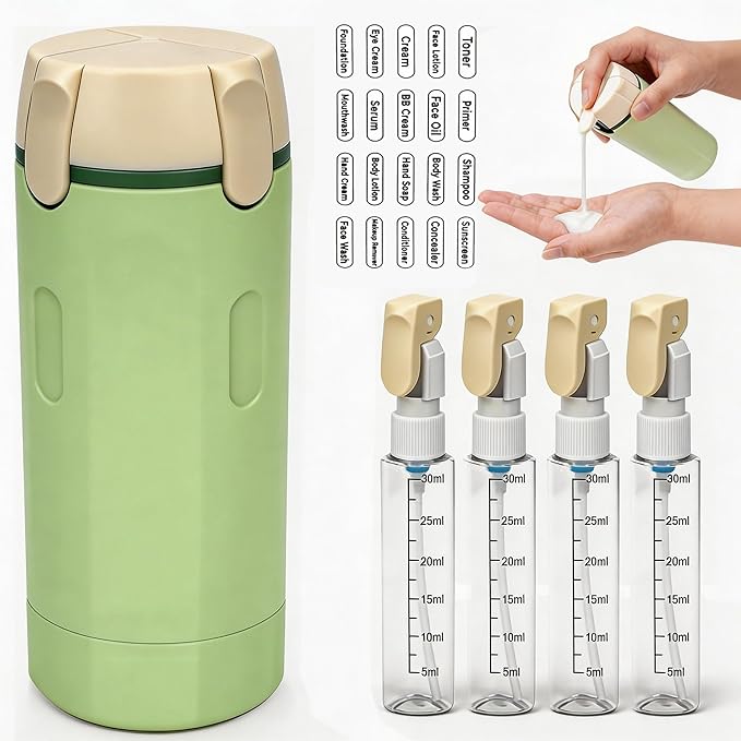 Tavelfill 4-in-1 Travel Dispenser Bottle for Toiletries - Refillable, Leak Proof, Portable Containers for Shampoo Lotion Conditioner Cream - Transparent with Scale and Label - for Business Trips Gym