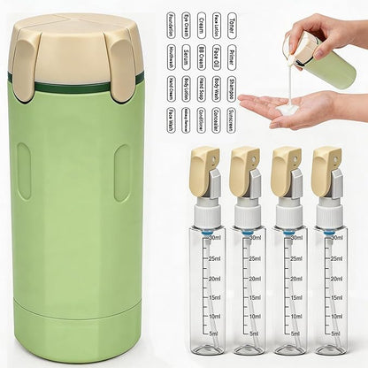 Tavelfill 4-in-1 Travel Dispenser Bottle for Toiletries - Refillable, Leak Proof, Portable Containers for Shampoo Lotion Conditioner Cream - Transparent with Scale and Label - for Business Trips Gym