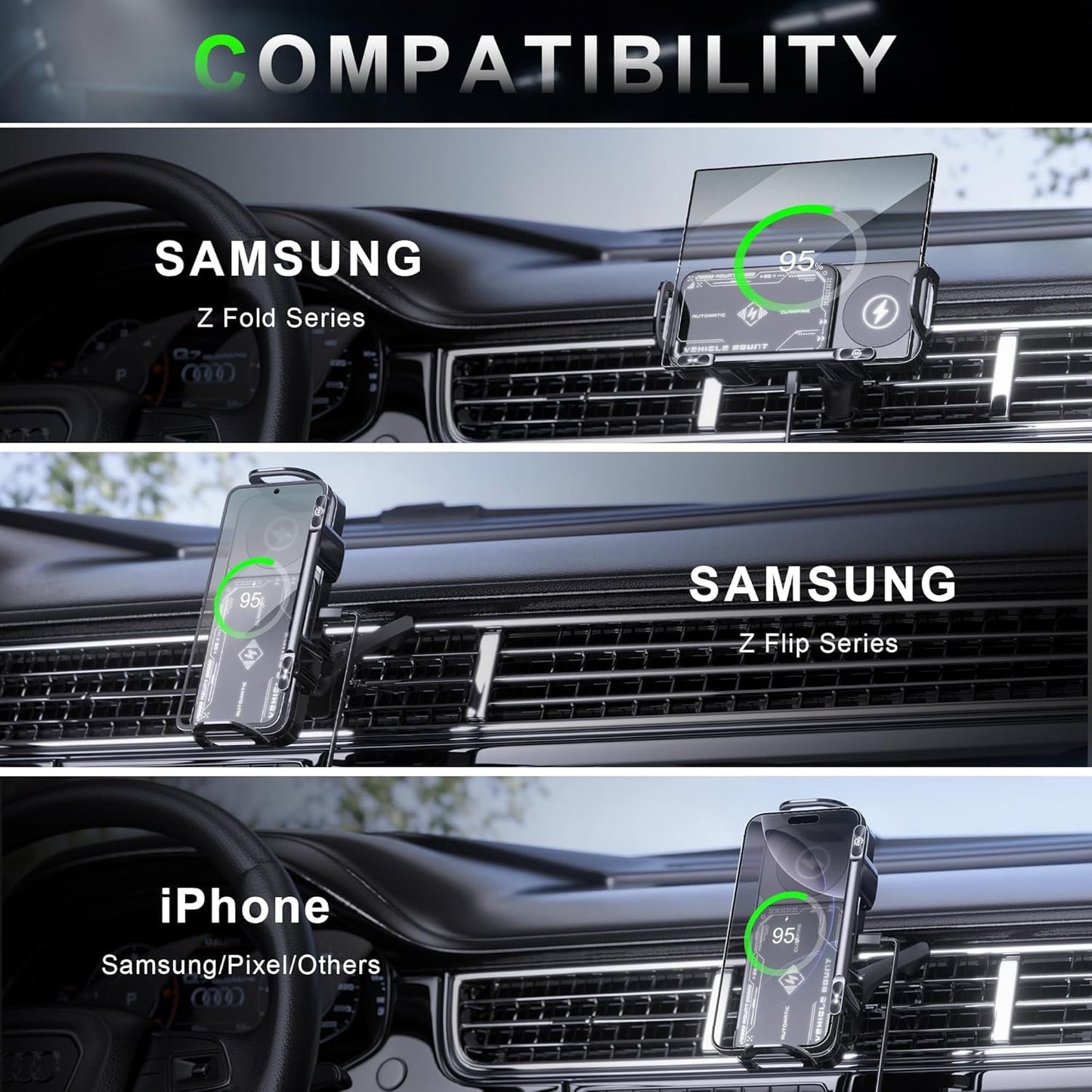 BlissWay MagCharge 90| 15W Wireless Car Charger | Auto-Rotating Phone Mount