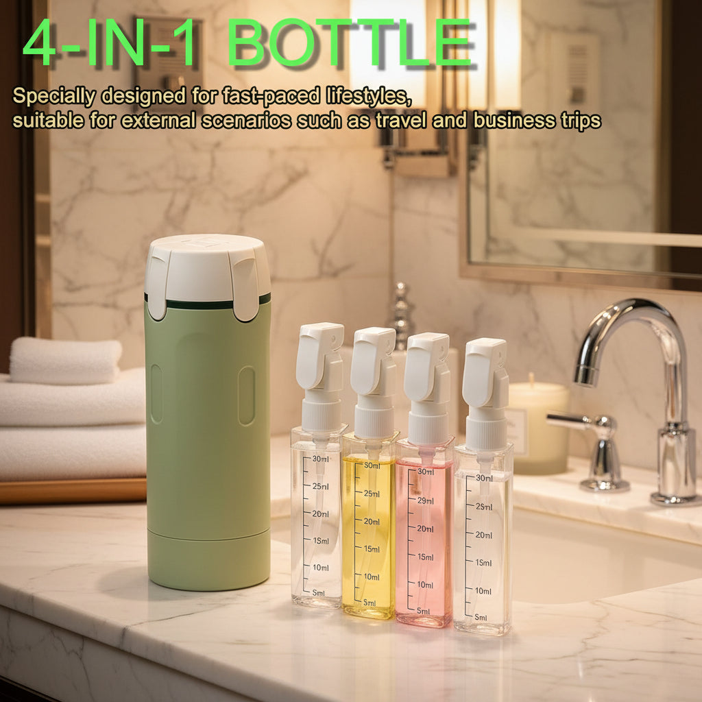Tavelfill 4-in-1 Travel Dispenser Bottle for Toiletries - Refillable, Leak Proof, Portable Containers for Shampoo Lotion Conditioner Cream - Transparent with Scale and Label - for Business Trips Gym
