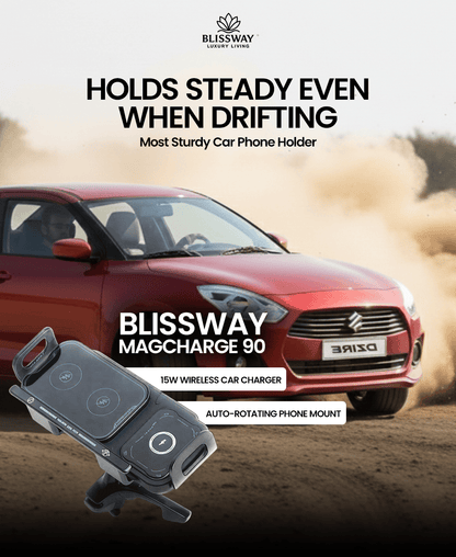 BlissWay MagCharge 90| 15W Wireless Car Charger | Auto-Rotating Phone Mount