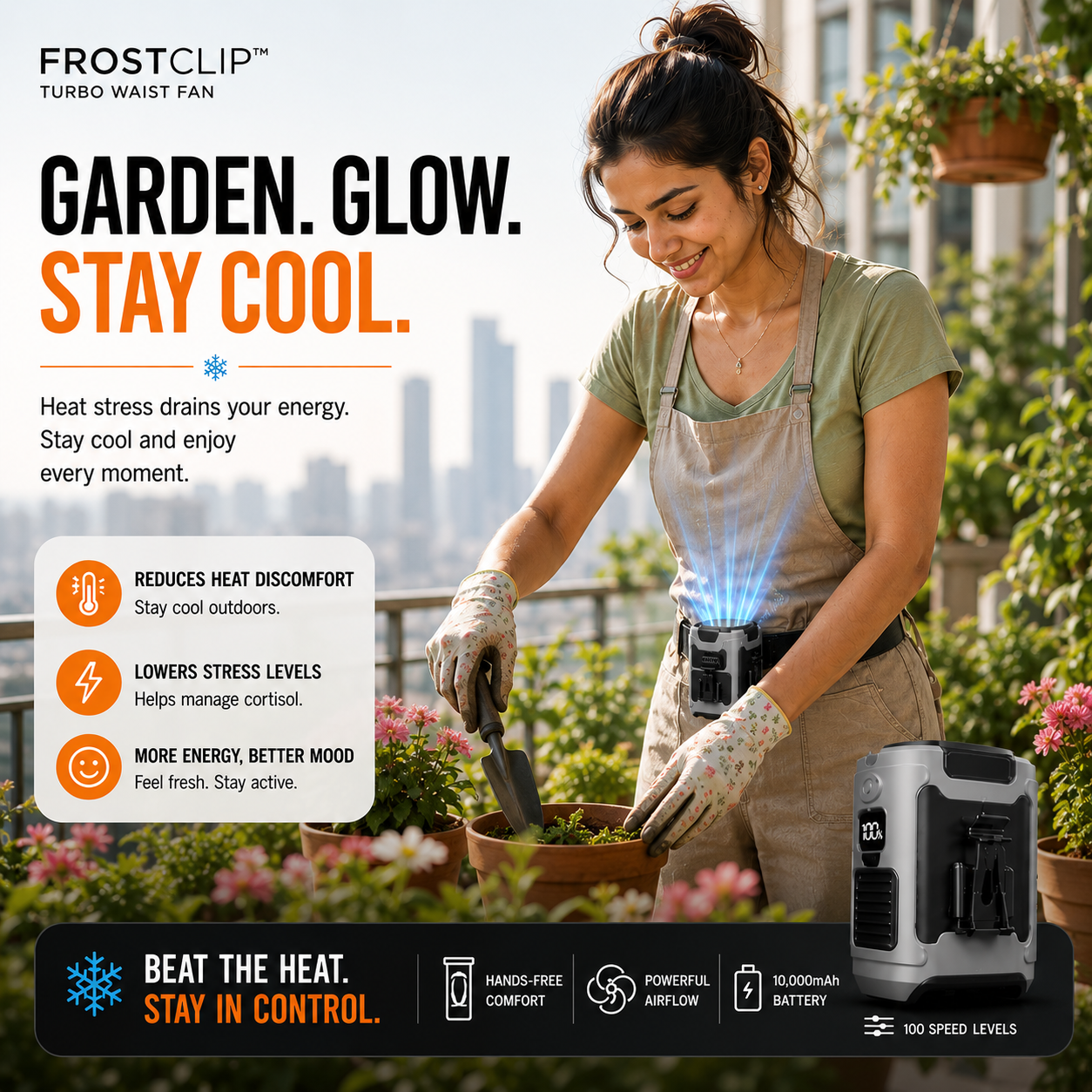 FrostClip Turbo — 3-in-1 Waist Fan, 10,000mAh Powerbank & LED Torch